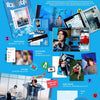 A promotional collage poster for KIHYUN's 'BORDERLINE' album, featuring various album contents like a photo book, CD, stickers, and a folded poster on a bright blue background with multicolored 'BORDERLINE' text at the top.