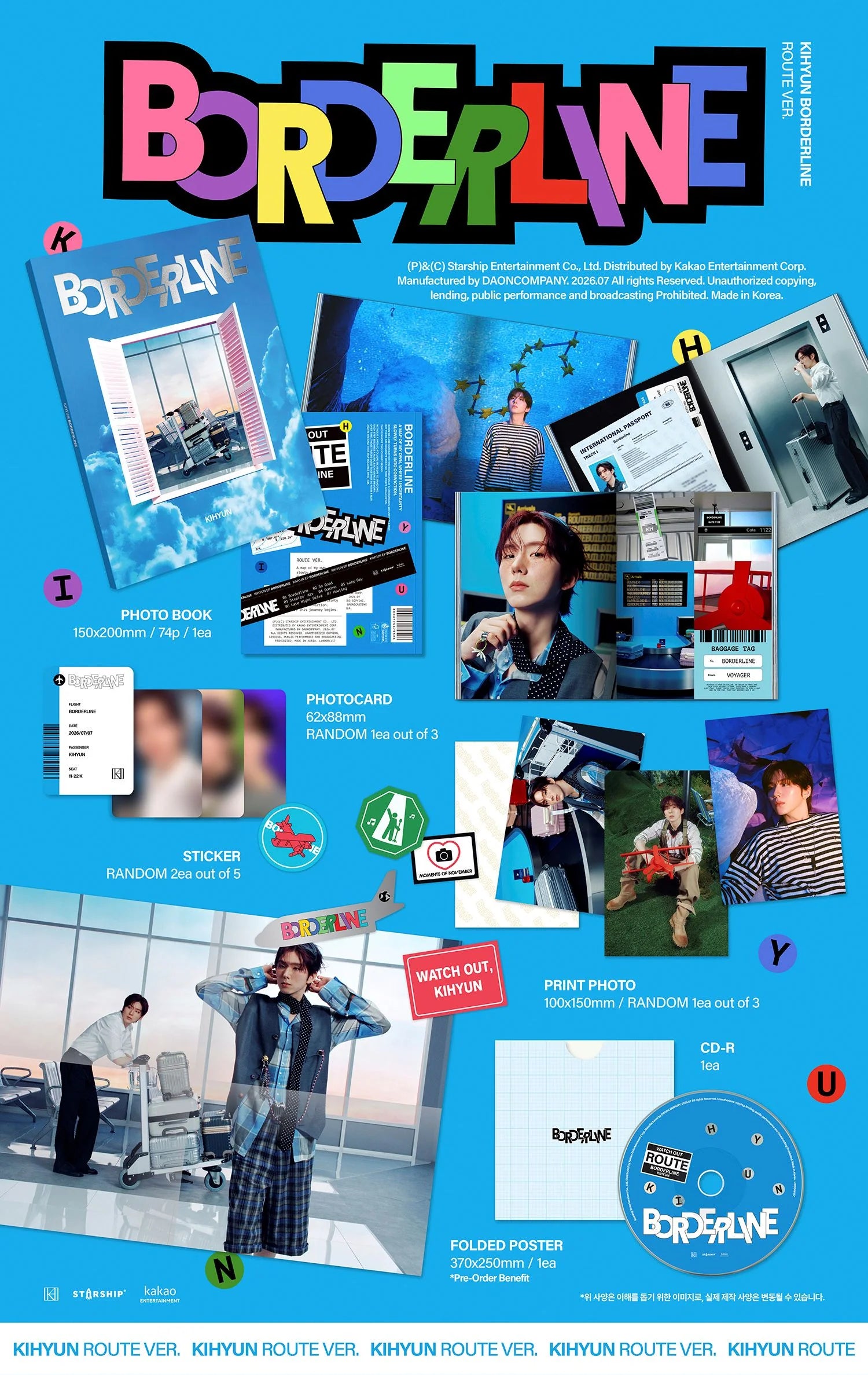A promotional collage poster for KIHYUN's 'BORDERLINE' album, featuring various album contents like a photo book, CD, stickers, and a folded poster on a bright blue background with multicolored 'BORDERLINE' text at the top.