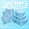 A travel kit set of light blue zippered packing cubes and dust bags with white polka dots, displayed on a light blue background with a large 'BORDERLINE' logo at the top for KIHYUN's album.
