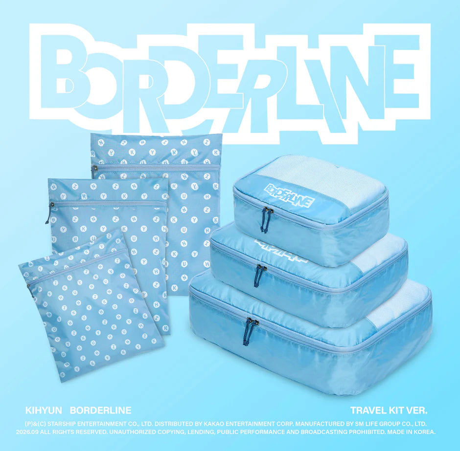 A travel kit set of light blue zippered packing cubes and dust bags with white polka dots, displayed on a light blue background with a large 'BORDERLINE' logo at the top for KIHYUN's album.