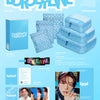A light blue K-pop merchandise travel kit set for KIHYUN's BORDERLINE album, featuring a blue outbox, three patterned packing cubes, a light blue travel pack organizer bag, a luggage tag, a photo card.