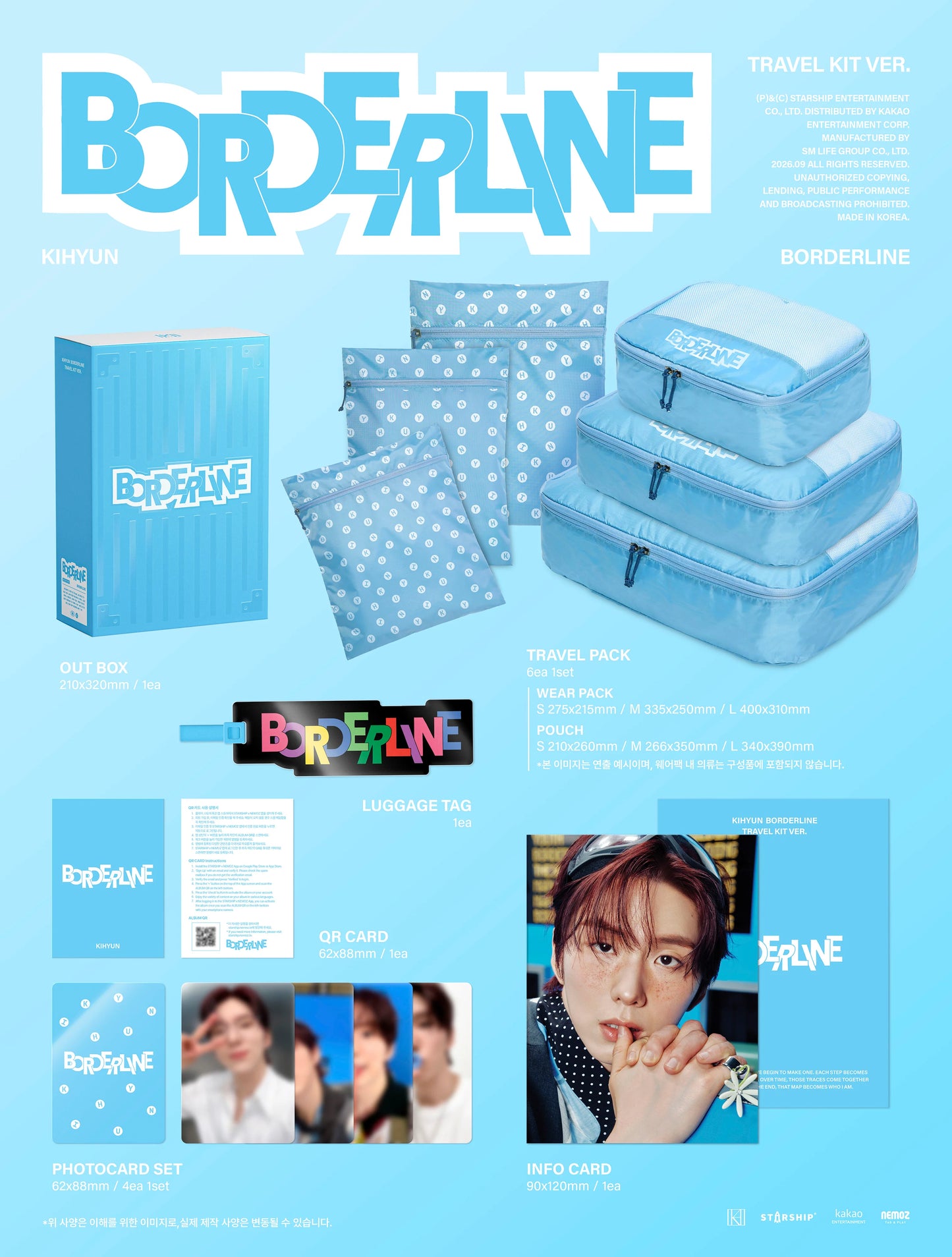A light blue K-pop merchandise travel kit set for KIHYUN's BORDERLINE album, featuring a blue outbox, three patterned packing cubes, a light blue travel pack organizer bag, a luggage tag, a photo card.