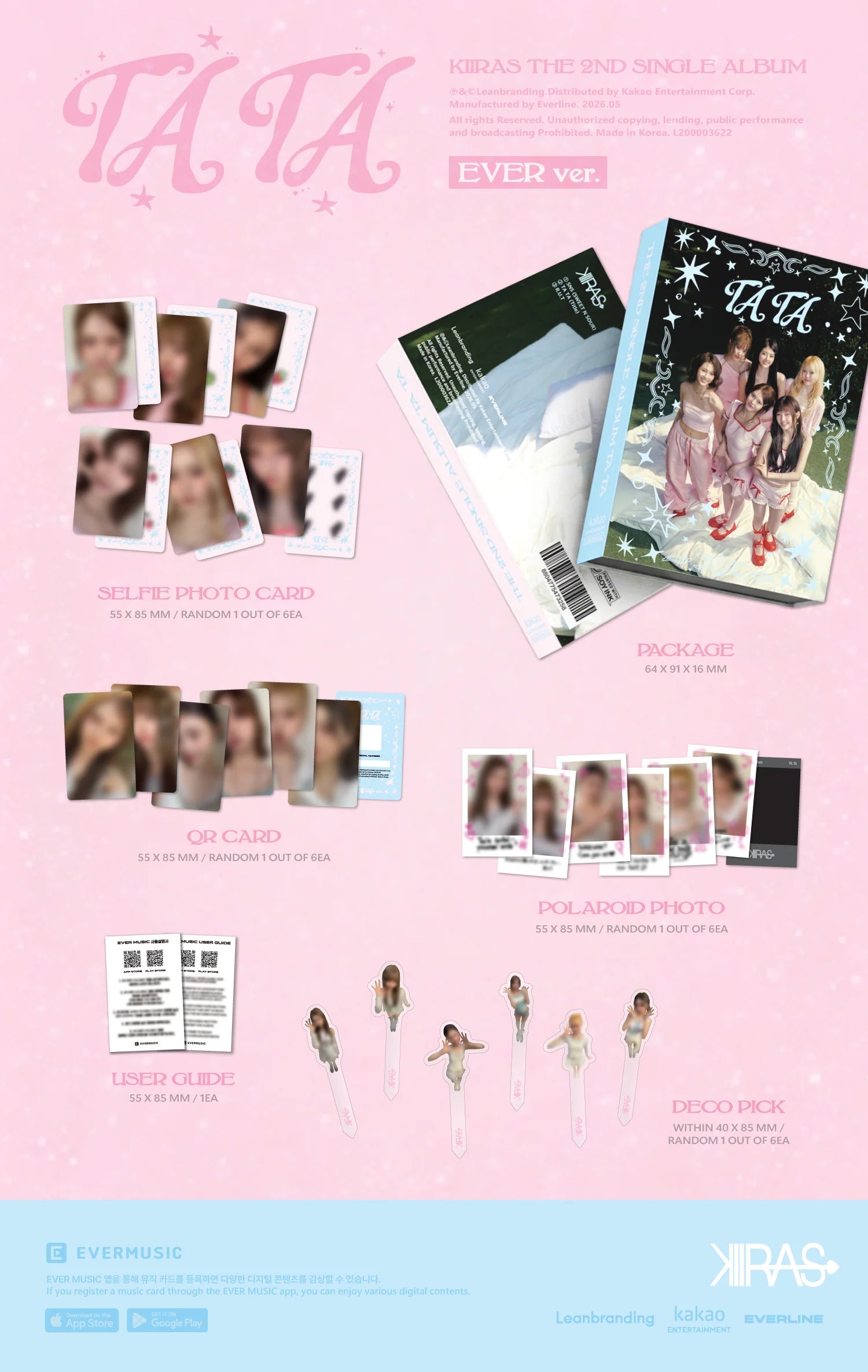 KIIRAS's album inclusions with photo cards and promotional images on a pink background