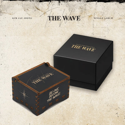 Kim Jae Joong's 'The Wave' single album packaging, featuring a black square box and a decorative dark brown wooden music box with gold lettering, set against a textured beige background.