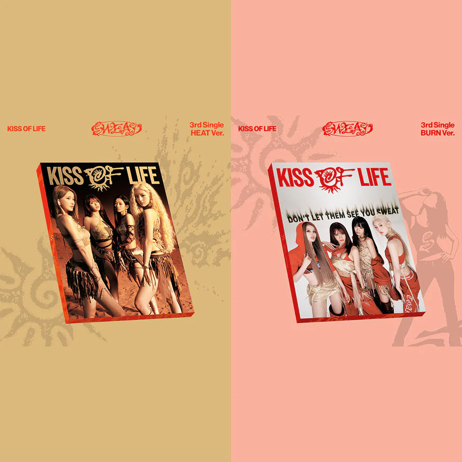 A split graphic showing two copies of KISS OF LIFE's 3rd Single Heat & Burn Versions album covers, one on a tan background and one on a pink background, KIOF logos and faint decorative silhouettes.