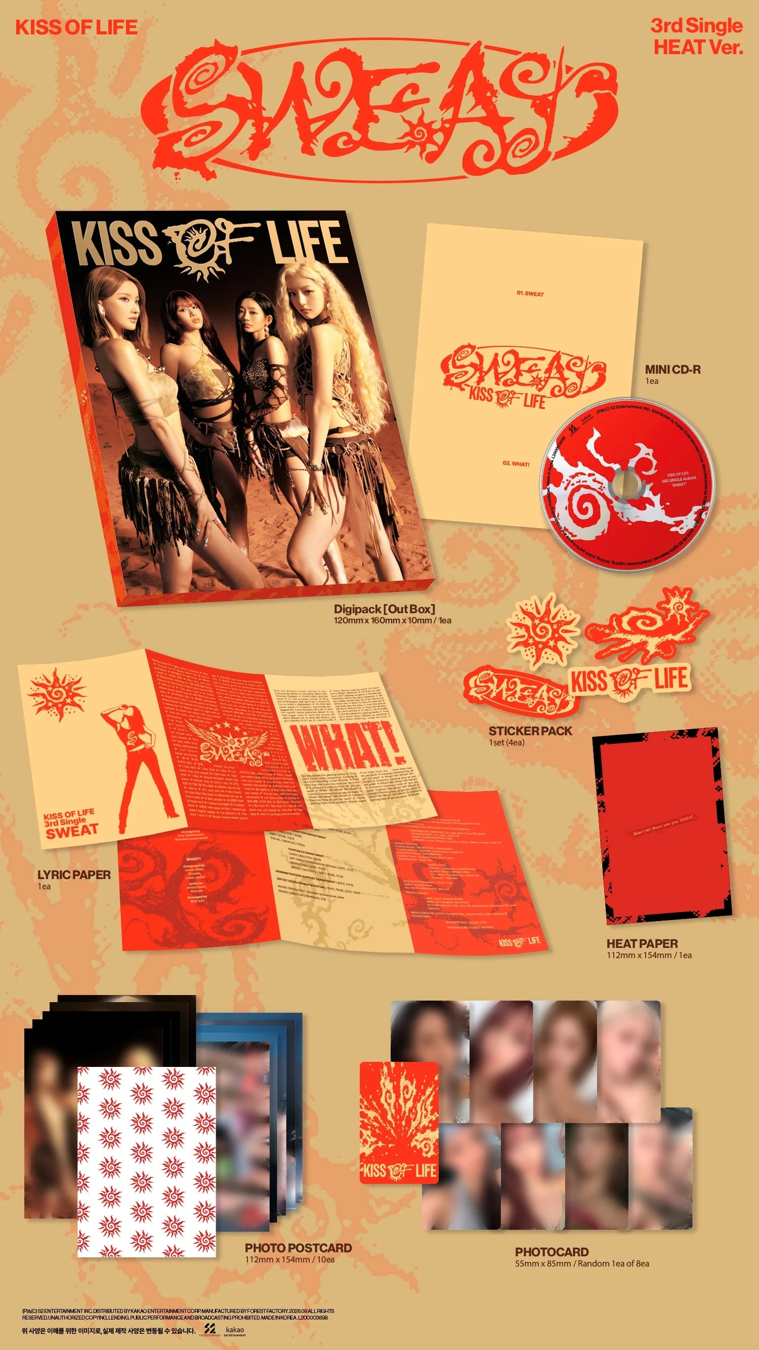 Kiss of Life - Sweat (3rd Single Heat Ver.) package contents, featuring the album cover, CD, booklet, sticker pack, lyric sheet, and photo cards on a beige background with red and cream graphics.