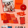 Kiss of Life's 'SWEAT' 3rd Single Burn Ver. album contents, featuring a red and orange color scheme with the CD, lyric papers, heat paper, photo postcard, and photo cards displayed on a peach background.