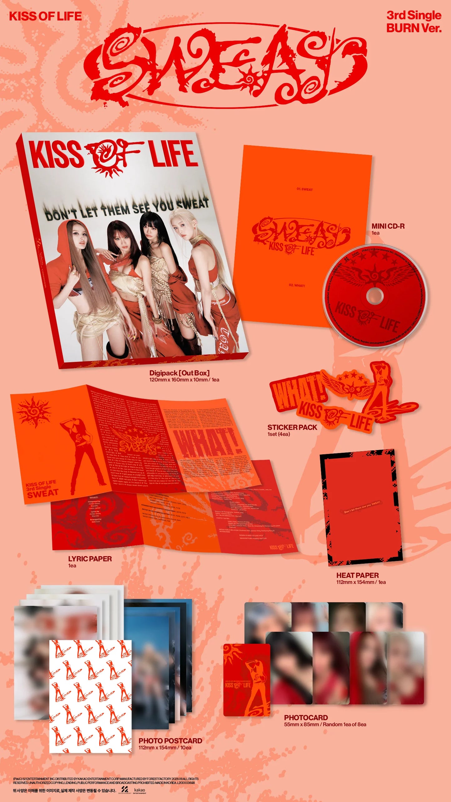 Kiss of Life's 'SWEAT' 3rd Single Burn Ver. album contents, featuring a red and orange color scheme with the CD, lyric papers, heat paper, photo postcard, and photo cards displayed on a peach background.