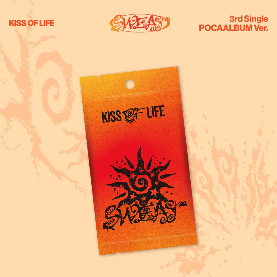 An album packaging for Kiss of Life's 'Sweat' 3rd Single (POCAALBUM Ver.) is shown against a peach-colored textured background.