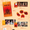 Kiss of Life's 'Sweat' 3rd Single PocaAlbum Ver. inclusions featuring an orange gradient envelope, QR card, stickers, and photocards on a peach textured background.