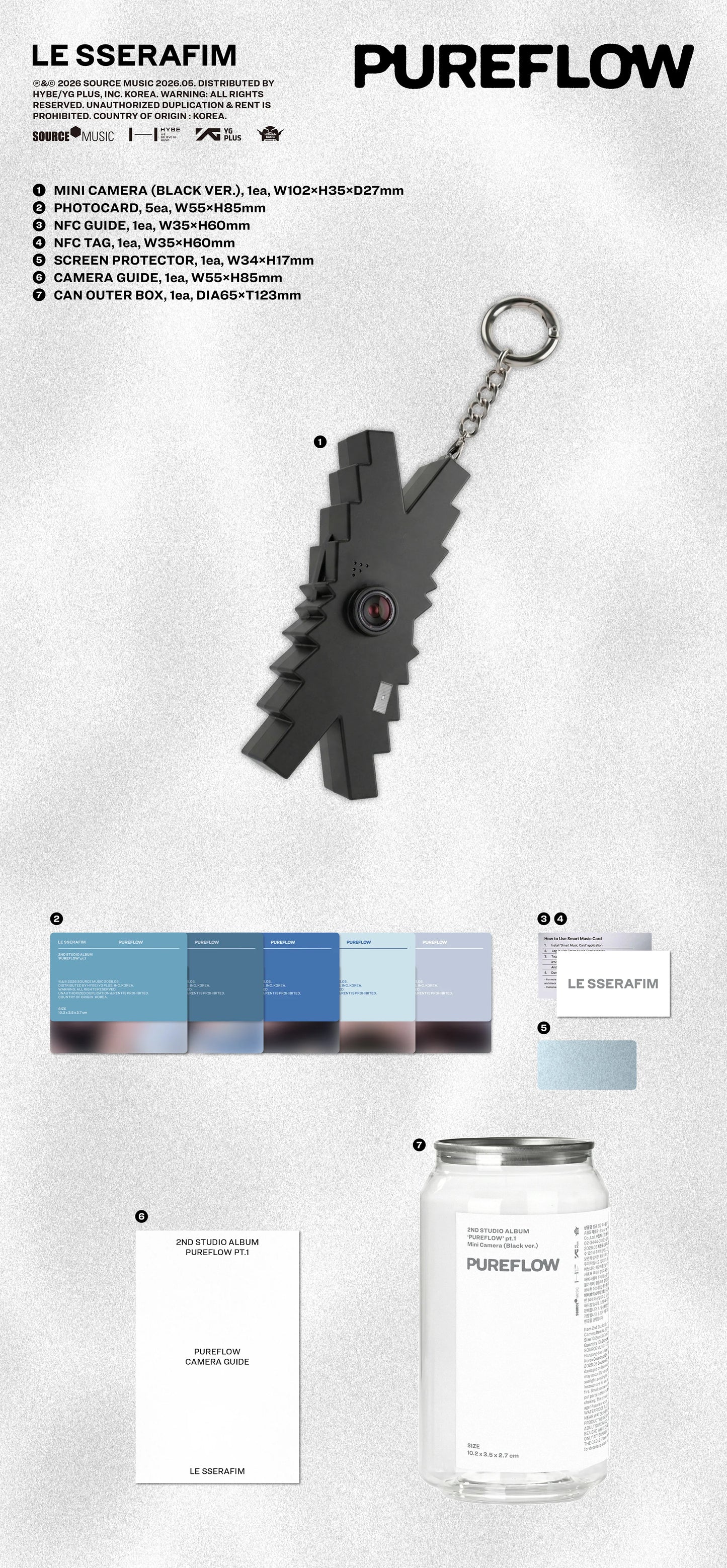 LE SSERAFIM's 2nd studio album inclusions pictured with the black camera in the shape of their logo and photocards on a gray textured background with the text "PUREFLOW"