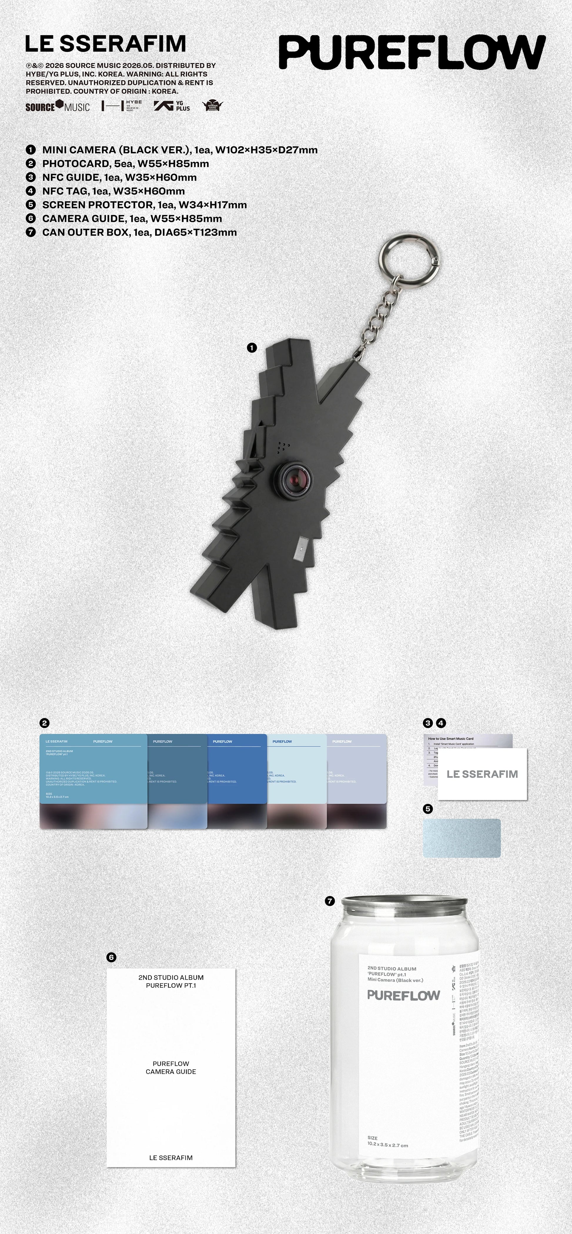 LE SSERAFIM's 2nd studio album inclusions pictured with the black camera in the shape of their logo and photocards on a gray textured background with the text "PUREFLOW"