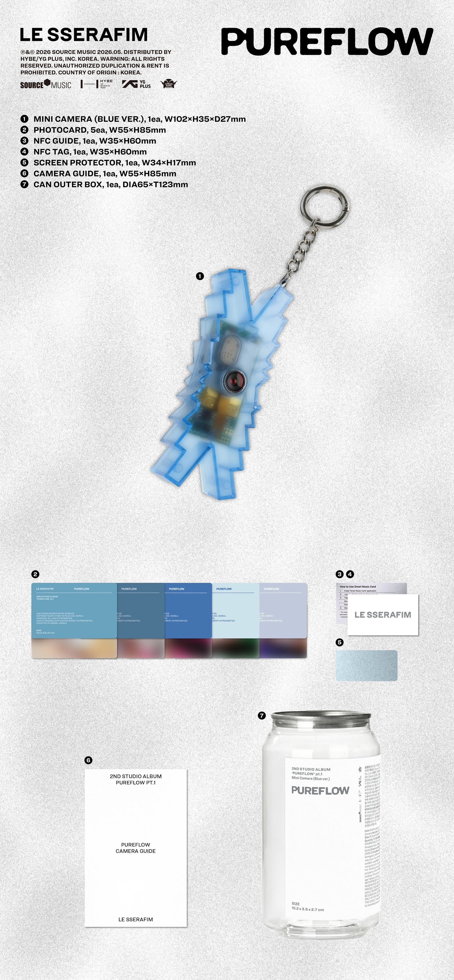 LE SSERAFIM's 2nd studio album inclusions pictured with the blue camera in the shape of their logo and photocards on a gray textured background with the text "PUREFLOW"