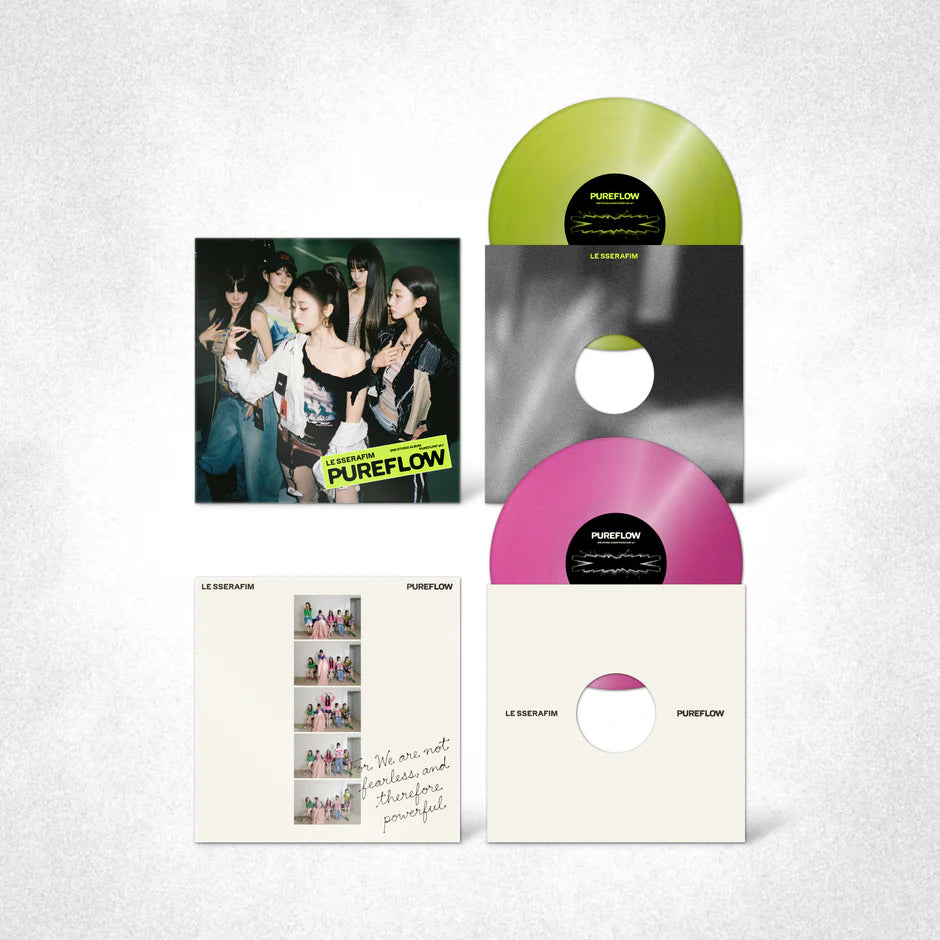 Vinyl record set with gray and beige sleeves and a photo of LE SSERAFIM's members on a light gray background
