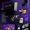 Promotional image of LE SSERAFIM's tour with various inclusions such as a photobook, secret message cards, photocard set on a purple background