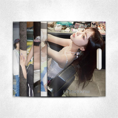 Photo of a LE SSERAFIM's Chaewon in one of the front covers of their PUREFLOW album with a hair dryer on a white background