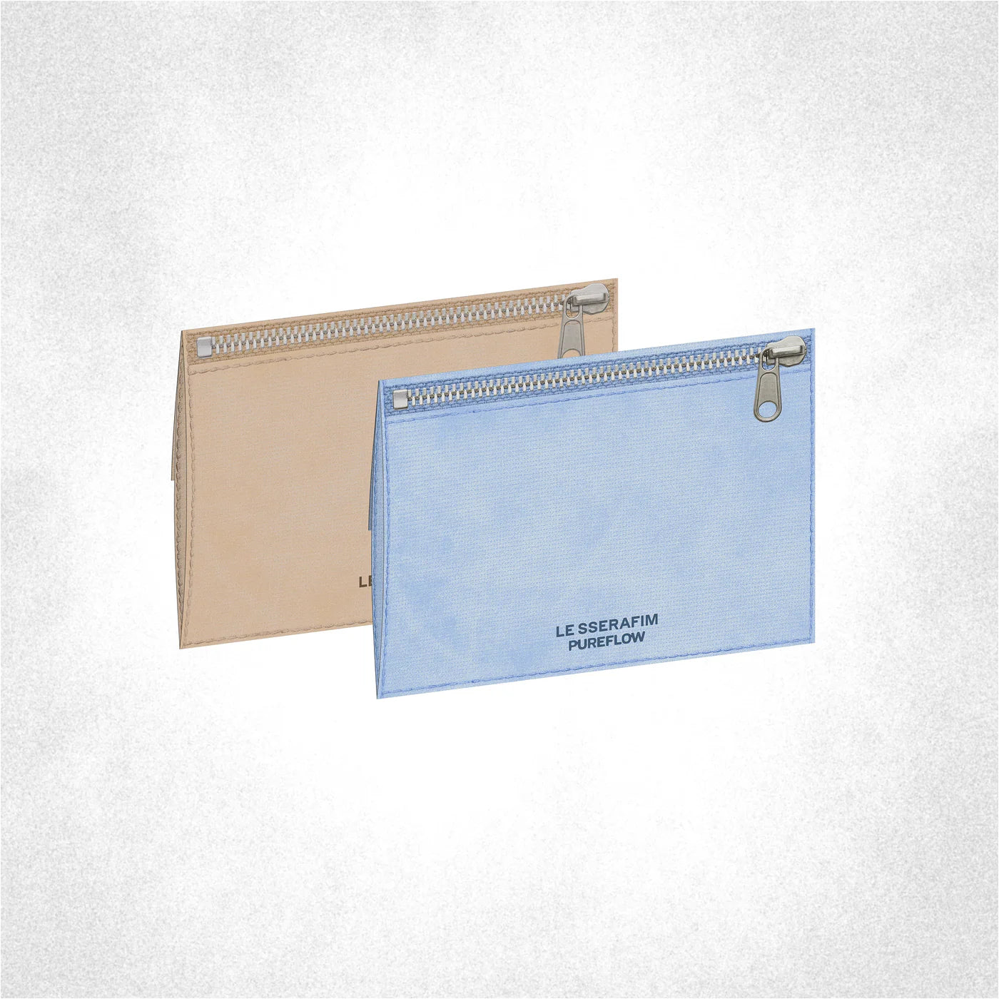 Two pouches, one beige and one light blue, with 'LE SSERAFIM PUREFLOW' branding on a white background.