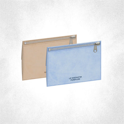 Two pouches, one beige and one light blue, with 'LE SSERAFIM PUREFLOW' branding on a white background.