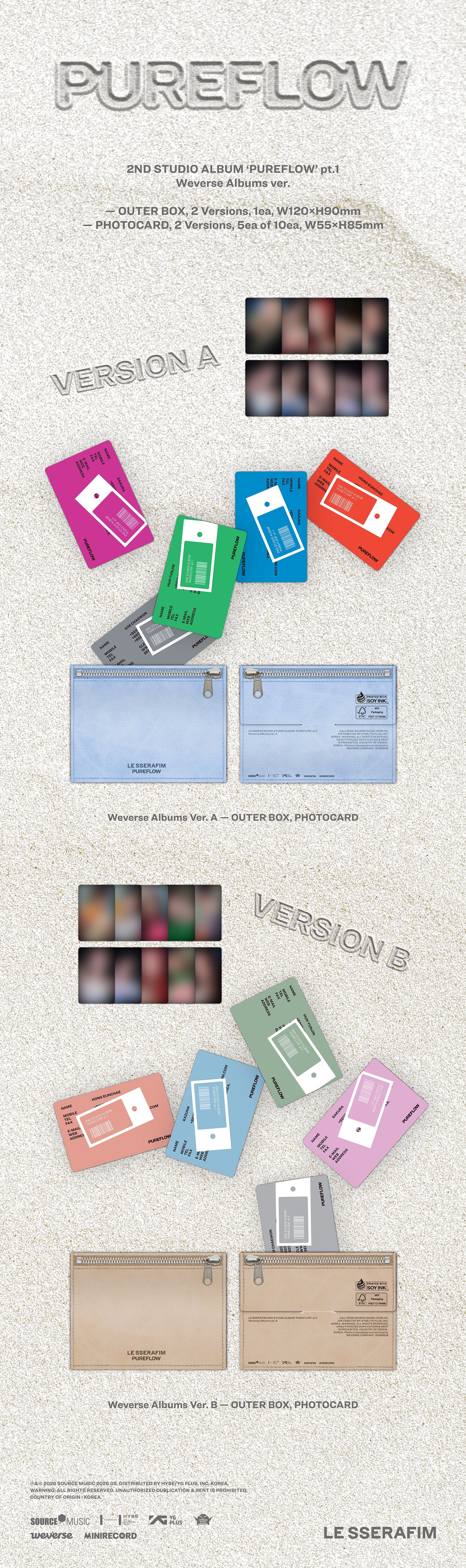 LE SSERAFIM's Pureflow alum inclusions with different color schemes and box designs.