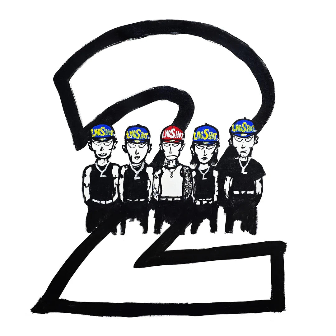Hand-drawn illustration of five characters wearing hats with 'Lngshot' branding, framed by a large number '2'.