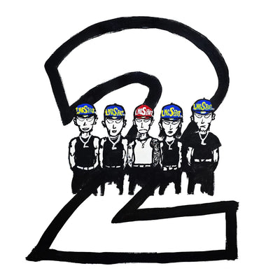 Hand-drawn illustration of five characters wearing hats with 'Lngshot' branding, framed by a large number '2'.