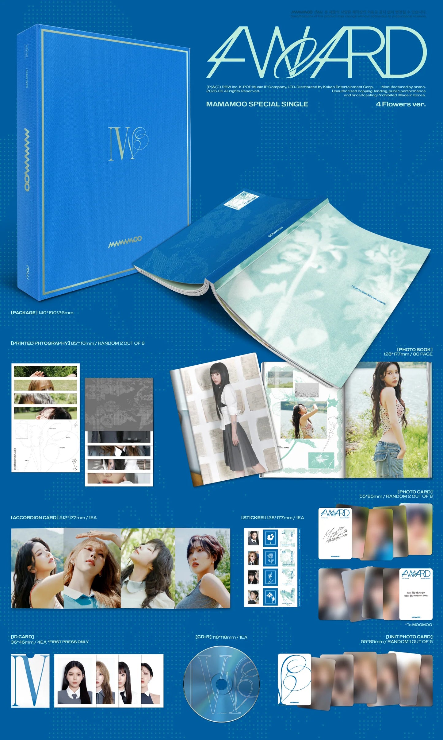MAMAMOO's special single album packaging with blue cover and multiple images of women on a white background