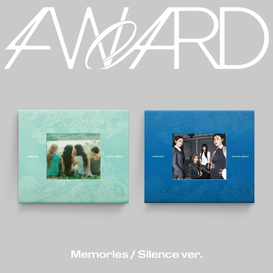 Two album covers, one teal and one blue, on a gray background with MAMAMOO's '4WARD' branding.