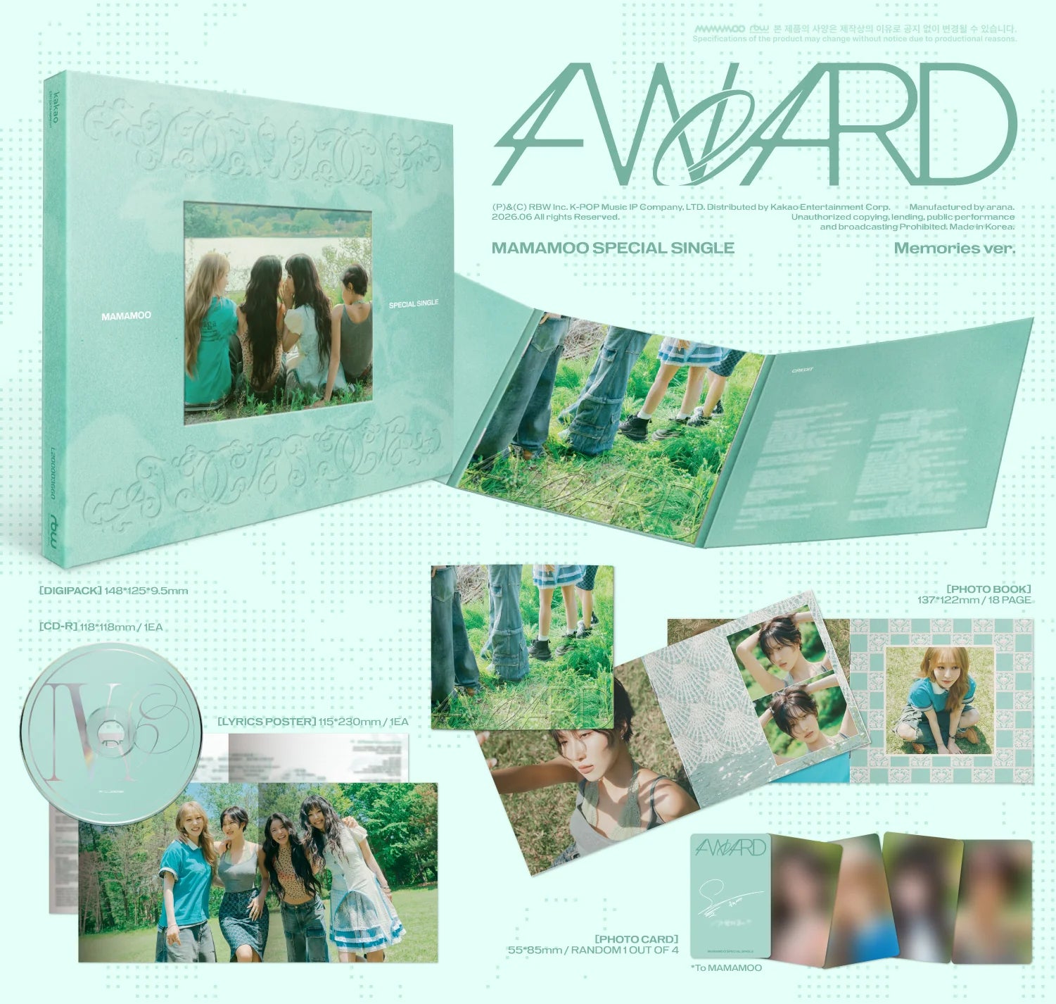Mamamoo Special Single '4ward' album inclusions with a CD, photocards and text on a light green background