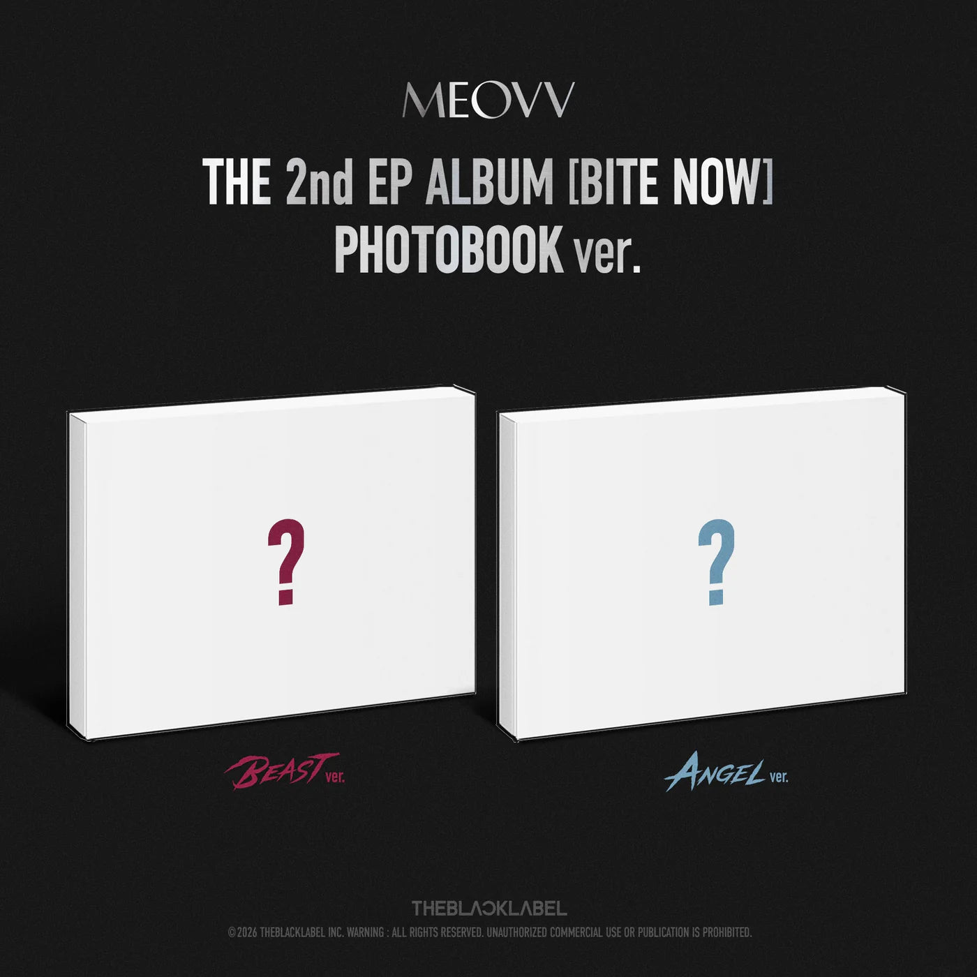 Two white boxes with question marks on a black background as MEOVV's album packaging.