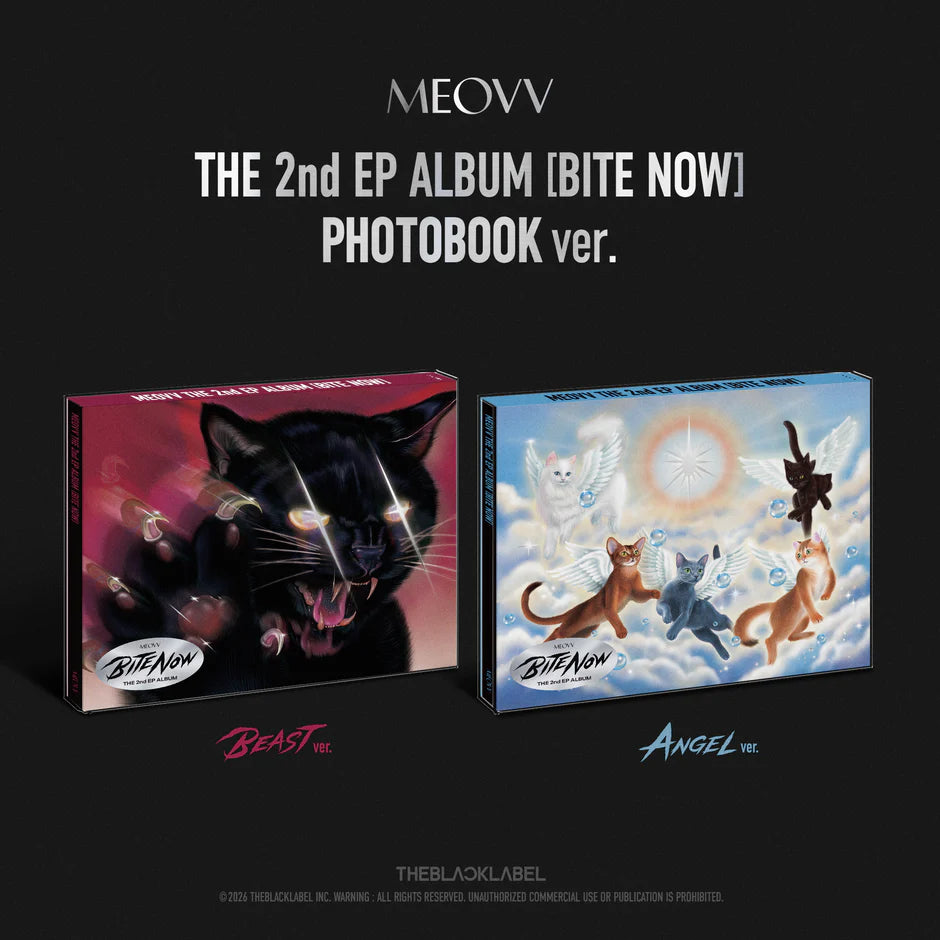Two album covers for MEOVV's 2nd EP album 'Bite Now' with 'Beast' and 'Angel' versions on a black background.