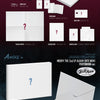 Product inclusions of MEOVV's 2nd ep with white boxes and question marks on a dark gradient background