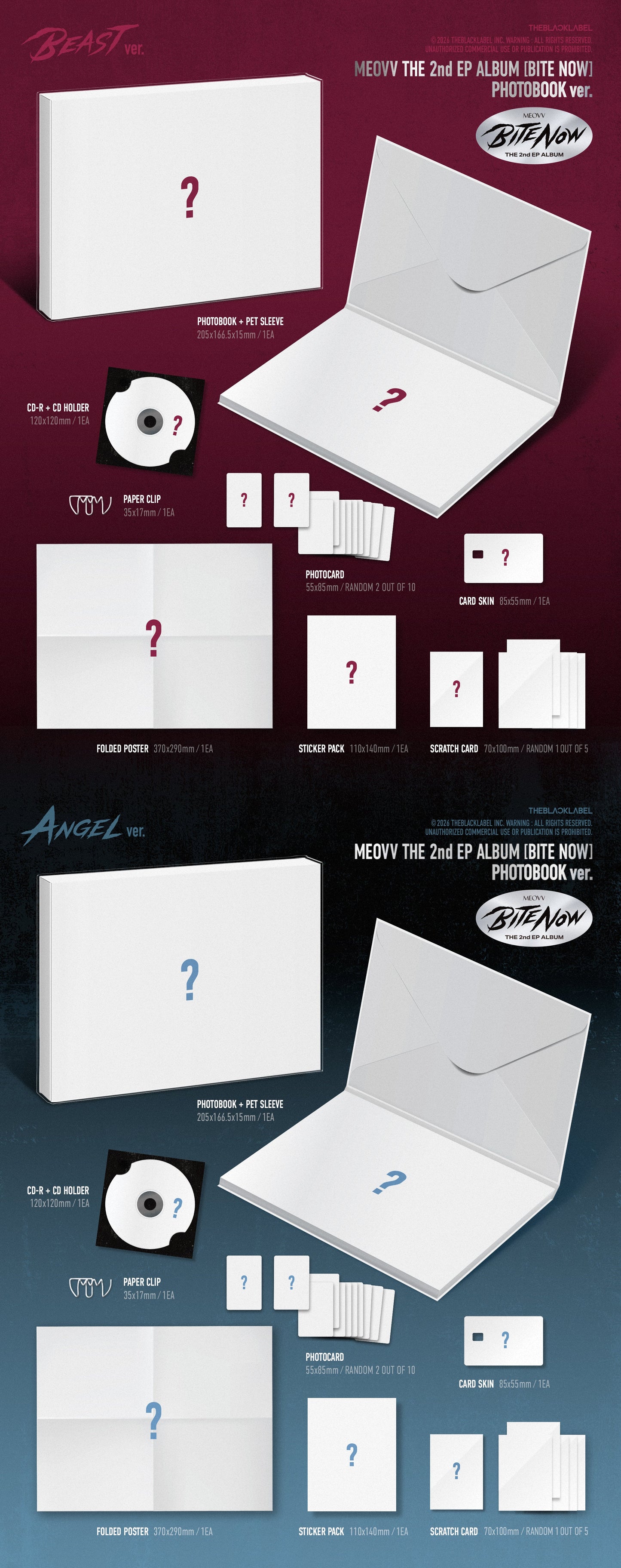 Product inclusions of MEOVV's 2nd ep with white boxes and question marks on a dark gradient background