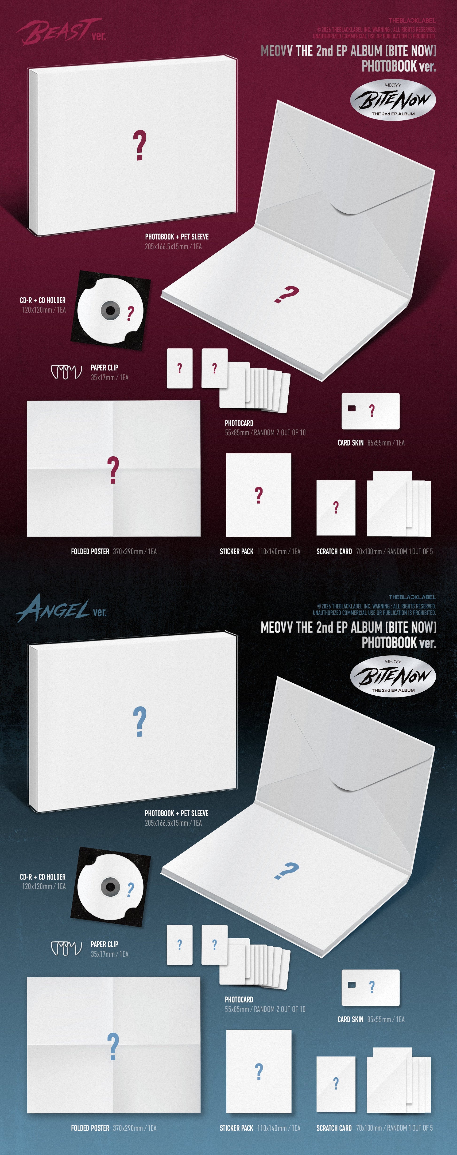 Product inclusions of MEOVV's 2nd ep with white boxes and question marks on a dark gradient background