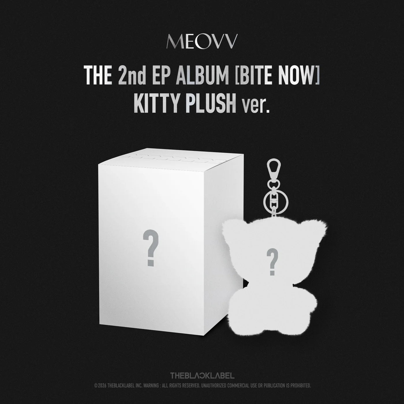MEOVV's album packaging with kitty plush keychain and box on a black background