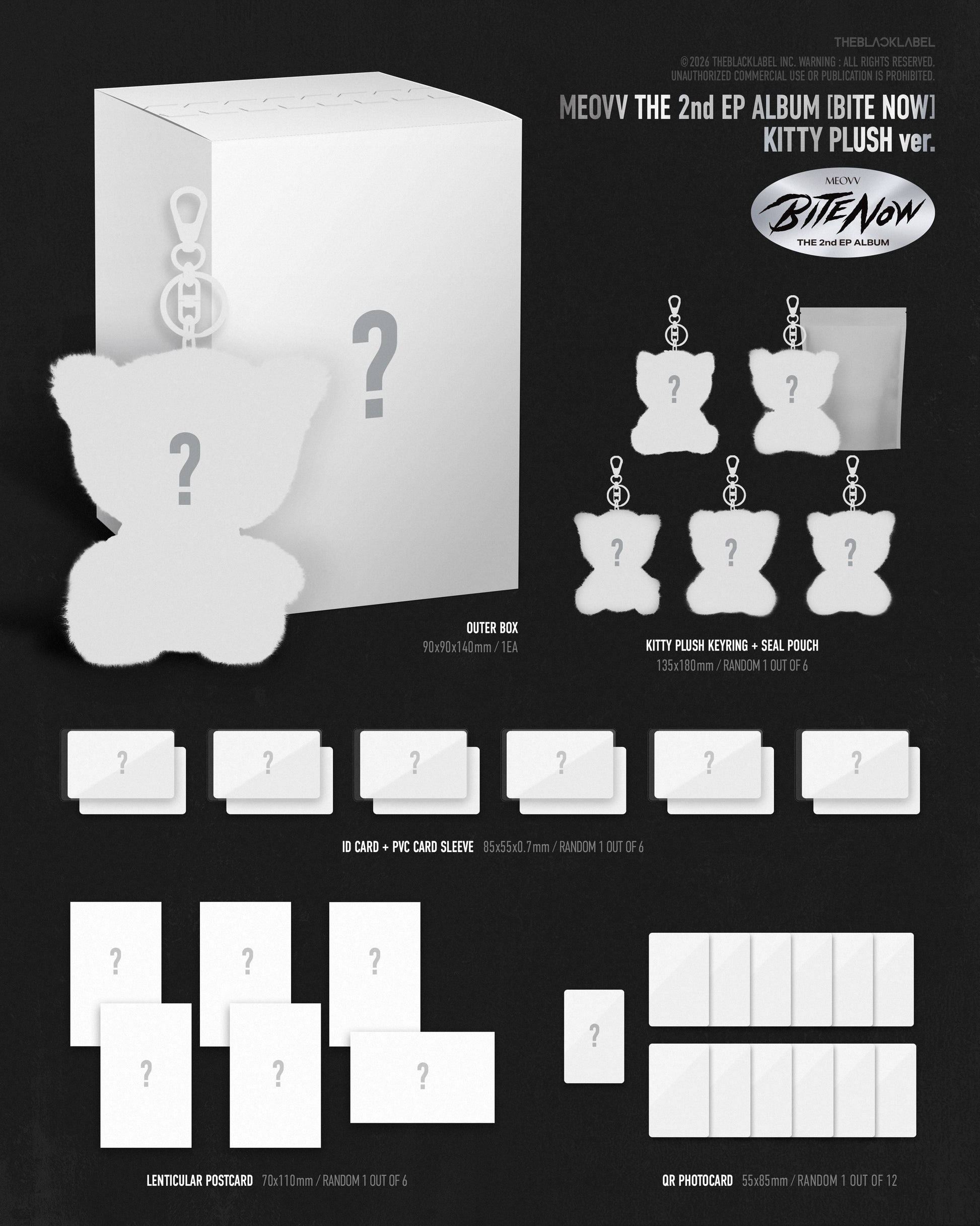 Product inclusions of MEOVV's 2nd ep with a plush toy and card set on a black background