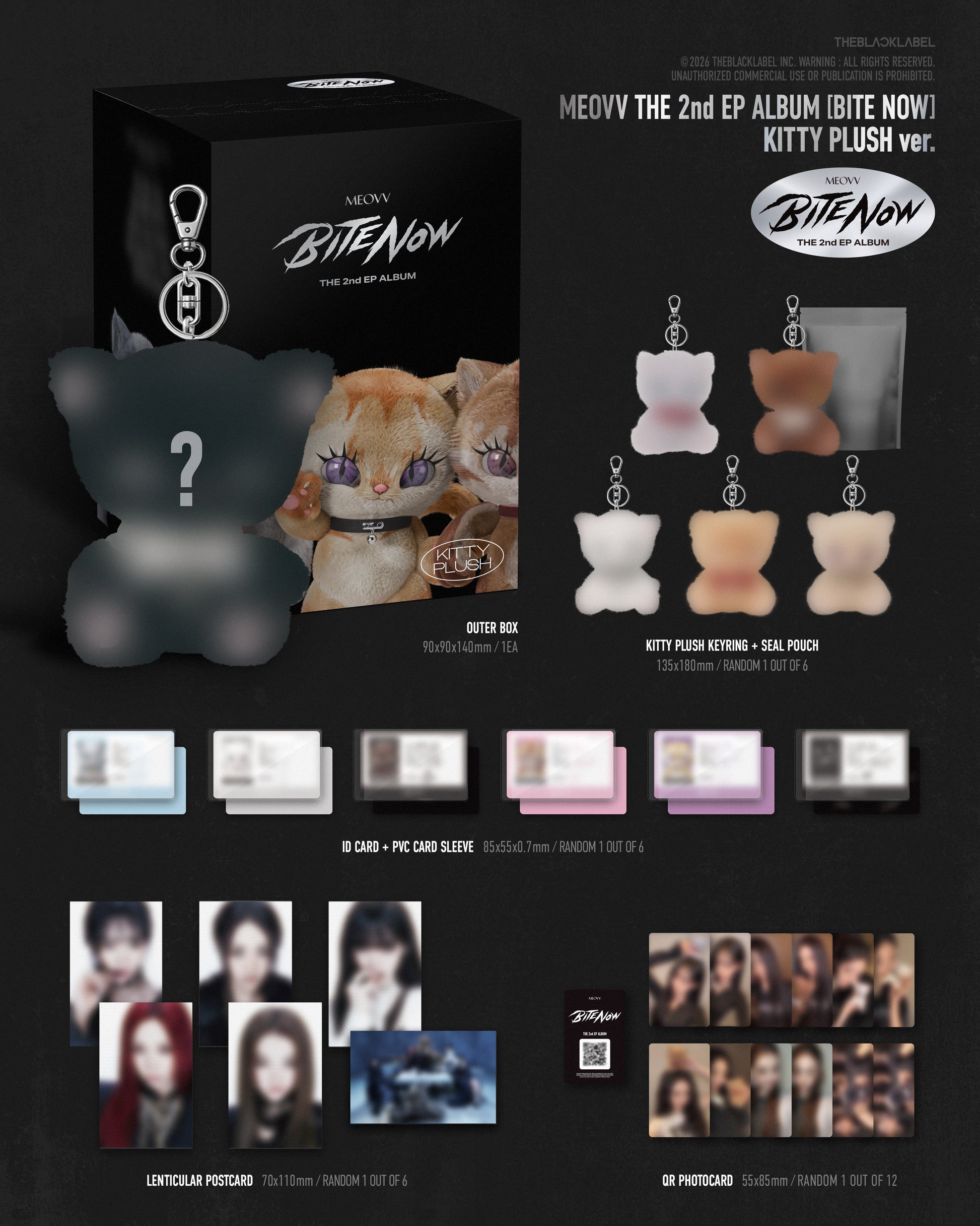 MEOVV's 2nd ep album inclusions like a kitty plush keychain, id cards and photocards on a black background