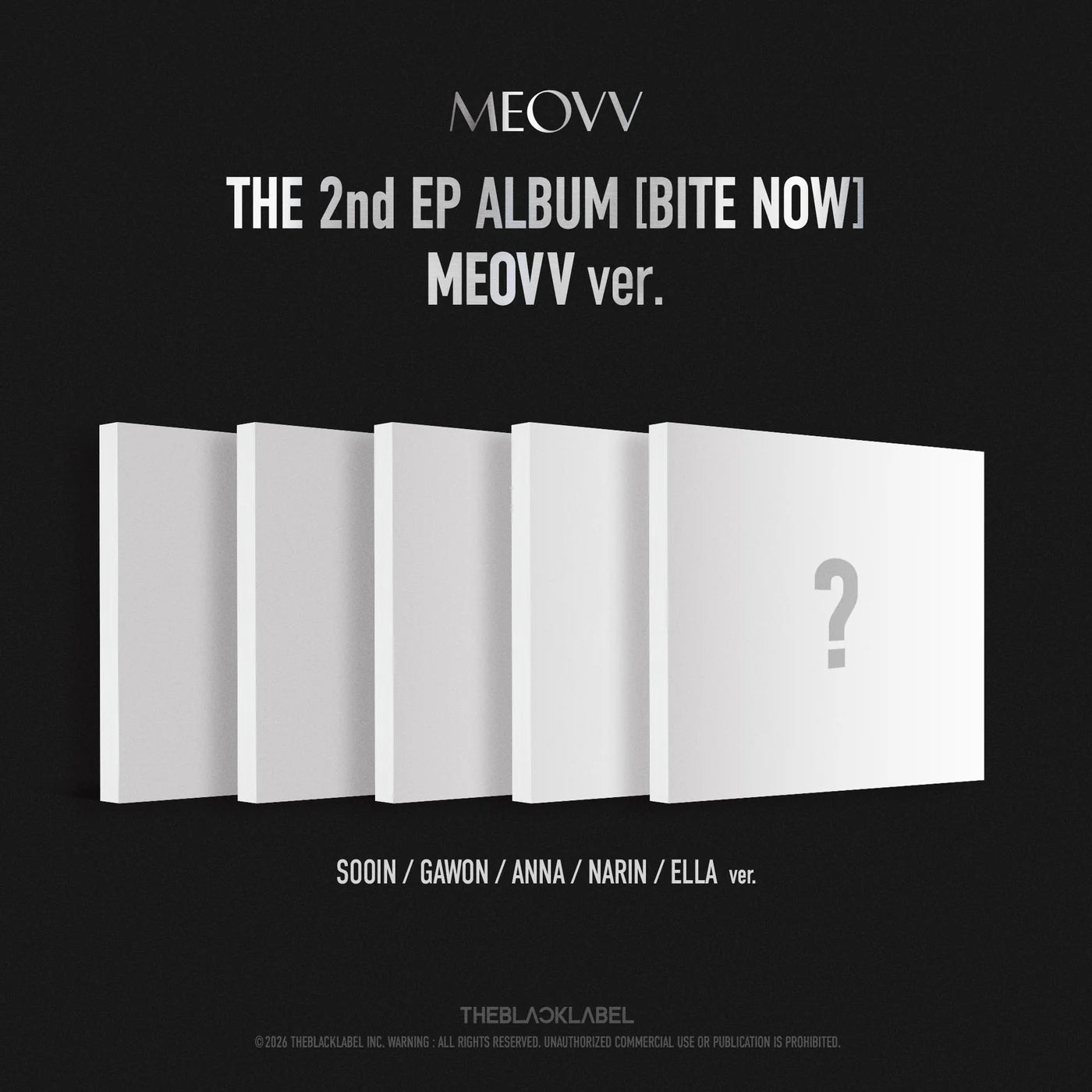 Promotional image of MEOVV's 2nd EP album 'Bite Now' with five white boxes on a black background.