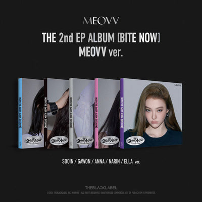 Promotional image of MEOVV's 2nd EP album 'Bite Now' with album covers displayed.