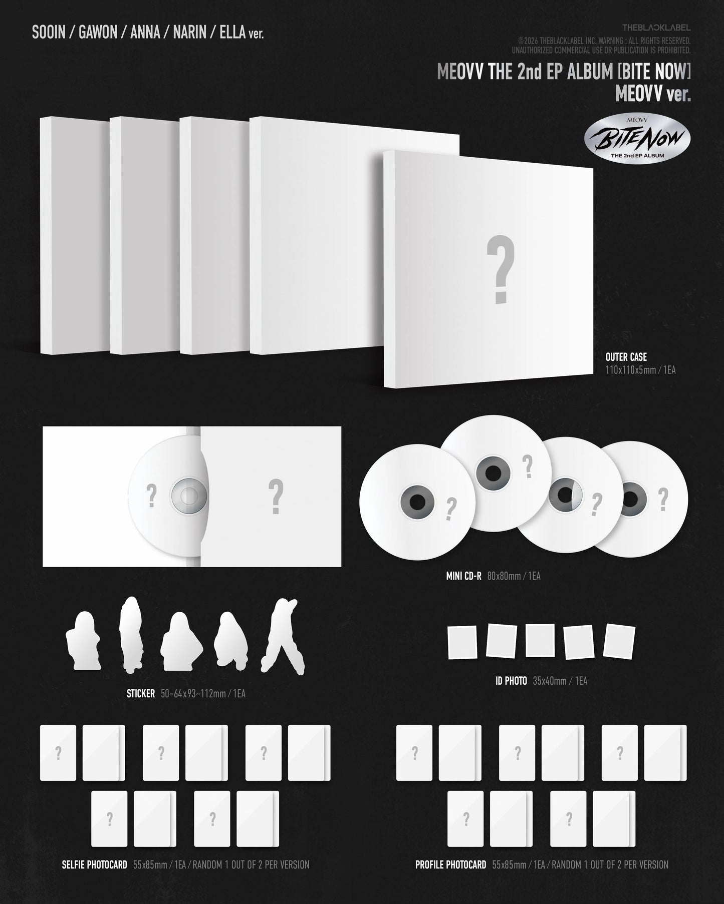 MEOVV's 2nd EP album inclusions with white boxes, CDs, and photocards and other items on a black background