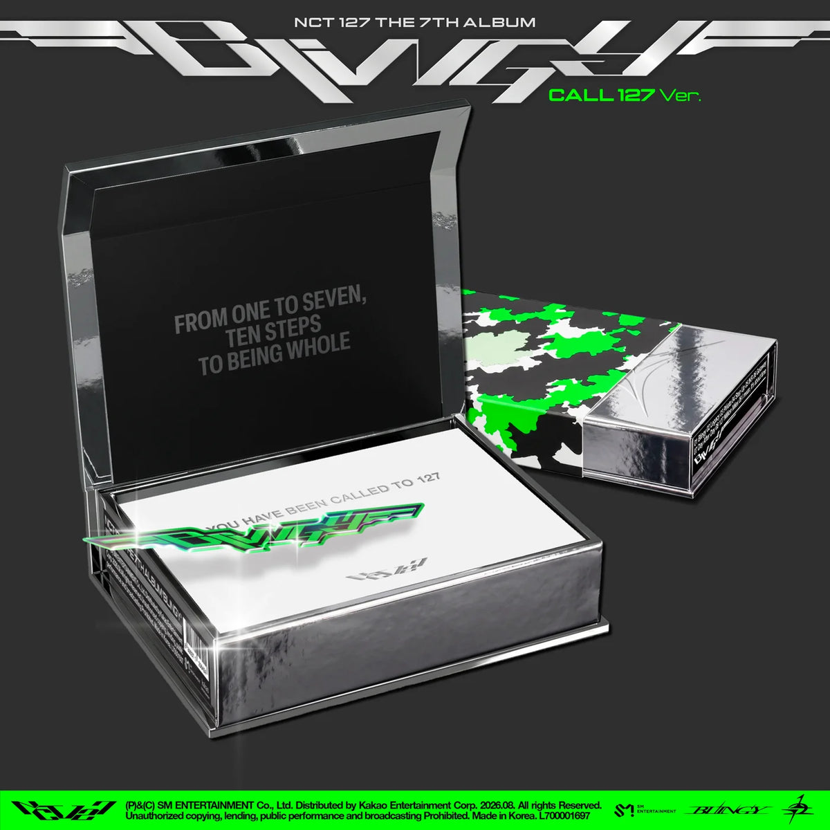 NCT 127's 7th Album BLINGY (Call 127 Ver.) physical package set against a dark gray background.