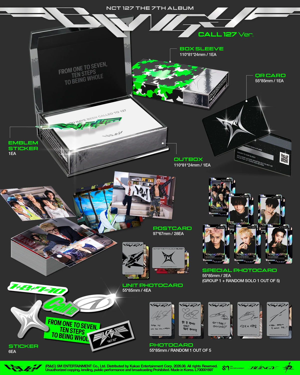 NCT 127's 7th Album 'Call 127' album inclusions displayed on a dark background, including the outer box, inner album packaging, emblem sticker, postcard, unit photocard, special photocard and multiple autographed photo cards.