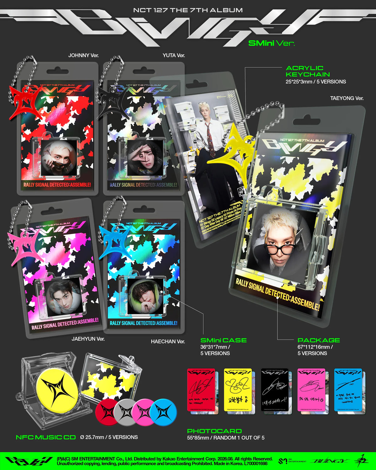 A promotional layout showing multiple NCT 127 'The 7th Album' mini keychains and accessories as album inclusions, including colorful star-patterned hang cards, a small acrylic case with individual members photos, and several printed photocards and stickers. Text labels identify the items and colors, and the layout is set on a dark background with NCT 127 branding.