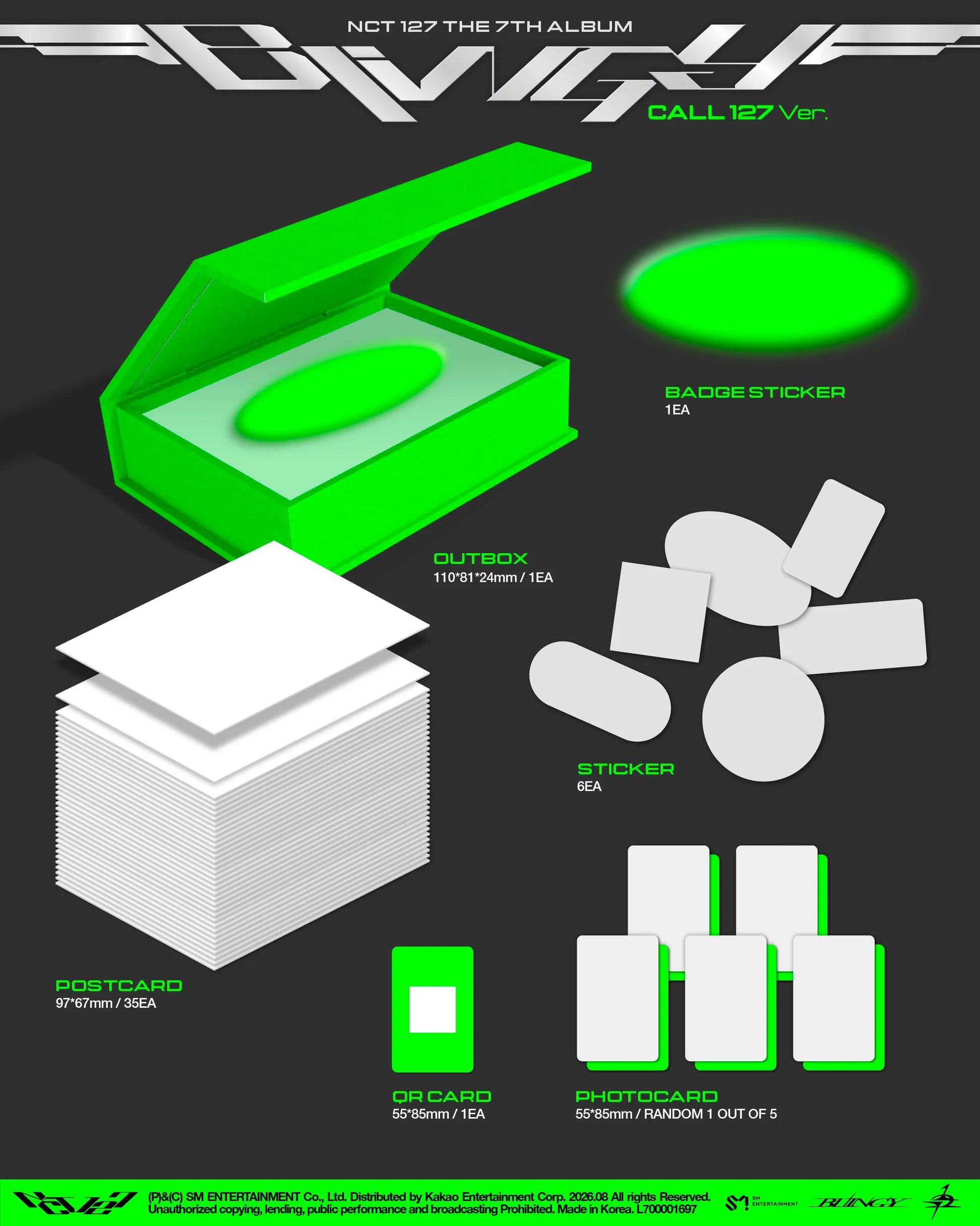 An image display for NCT 127's 'The Album' Call 127 Ver. inclusions, showing the album packaging with a green outer box, postcards, stickers, a QR code and photocards on a dark gray background.