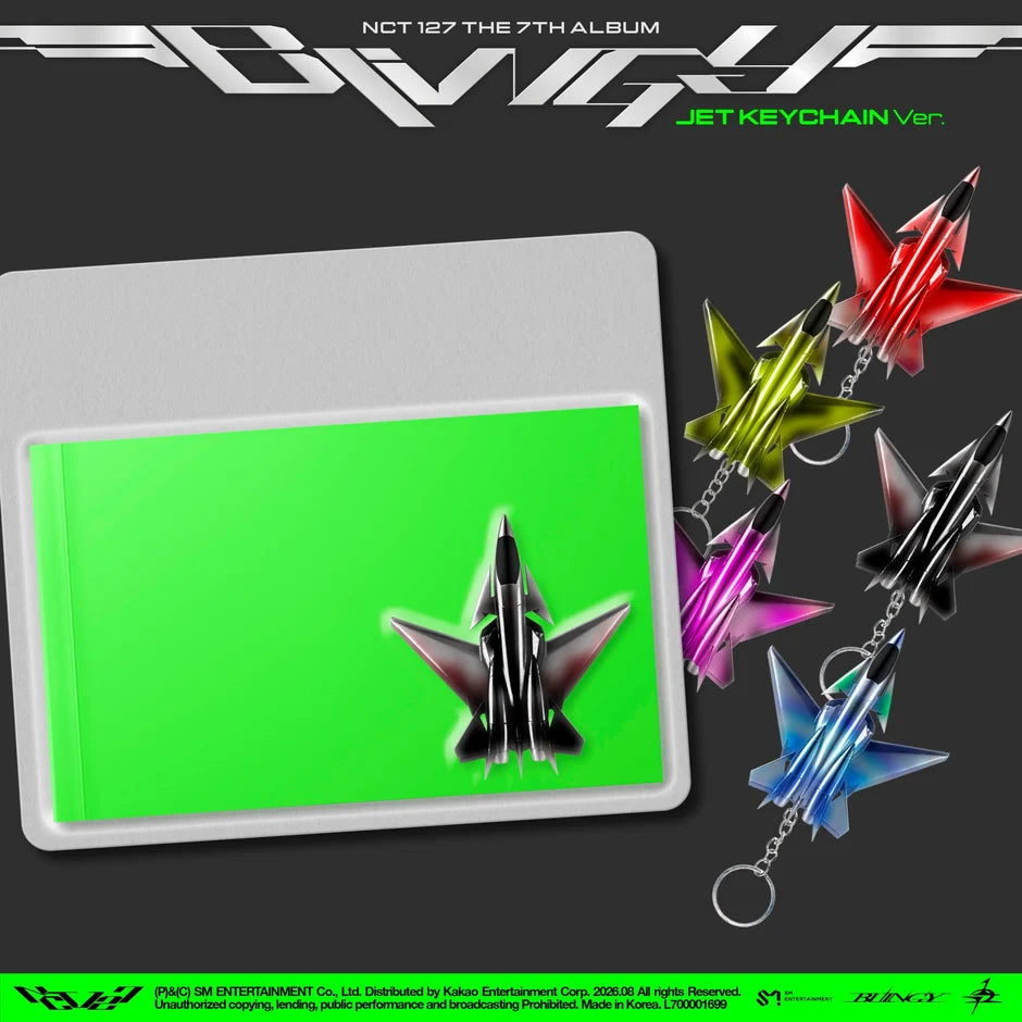NCT 127 'Blingy' Jet Keychain Ver. album art featuring multiple metallic jet-shaped keychains in different colors (green, red, pink, silver, blue) on a dark gray background with album title text.