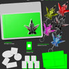 NCT 127 'The 7th Album' Jet Keychain Ver. product display sheet featuring multiple translucent star-shaped keychains in yellow, red, black, pink, and blue, along with a green logbook, stickers, photocard, and folded poster on a dark gray background