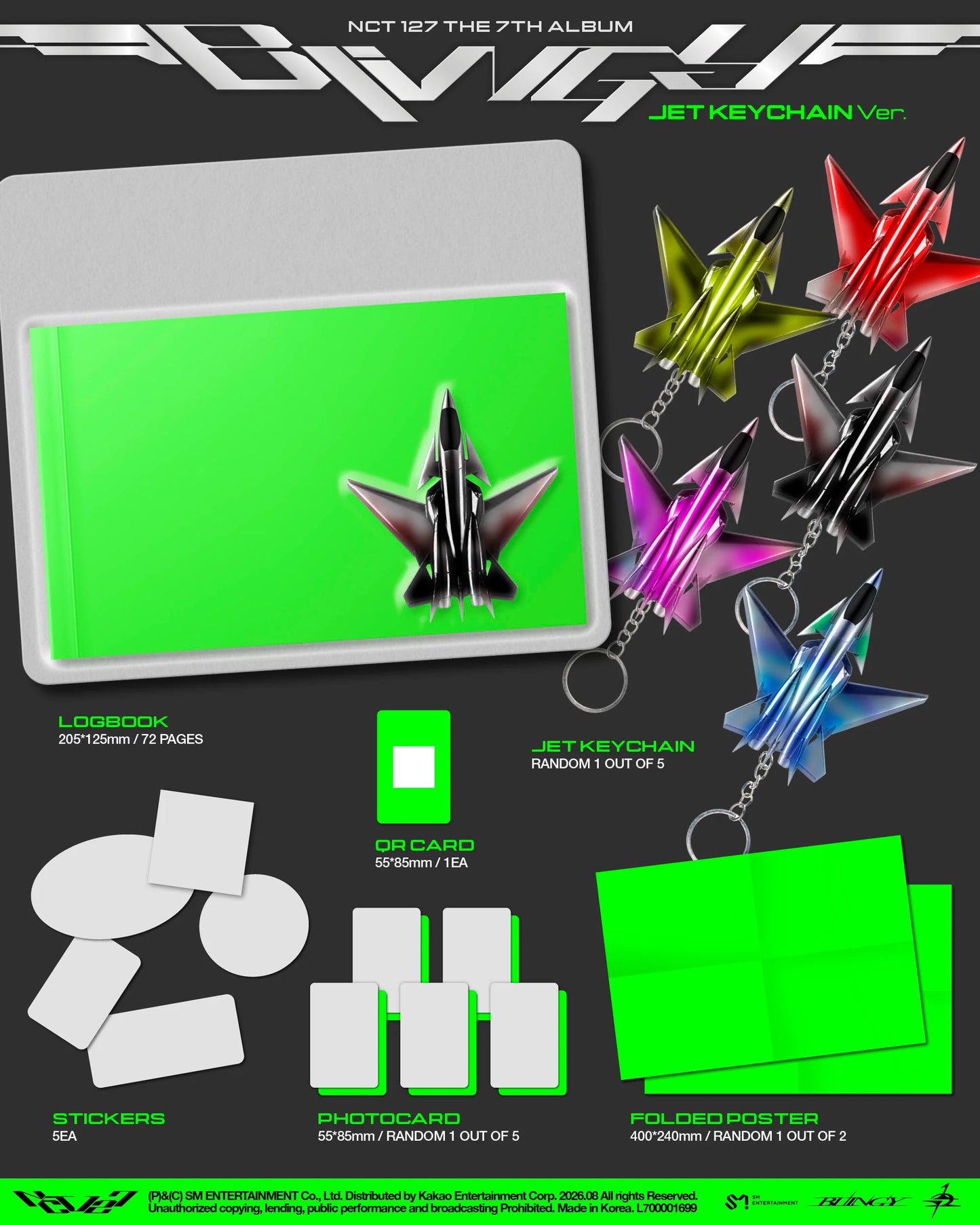 NCT 127 'The 7th Album' Jet Keychain Ver. product display sheet featuring multiple translucent star-shaped keychains in yellow, red, black, pink, and blue, along with a green logbook, stickers, photocard, and folded poster on a dark gray background