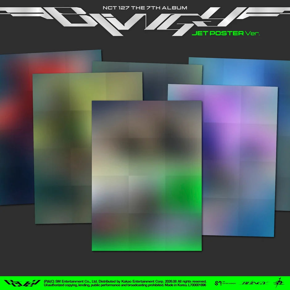 NCT 127's 7th album Jet Poster Ver. album cover art featuring overlapping translucent poster panels in a gradient color palette on a dark gray background, with the NCT 127 logo at the top.
