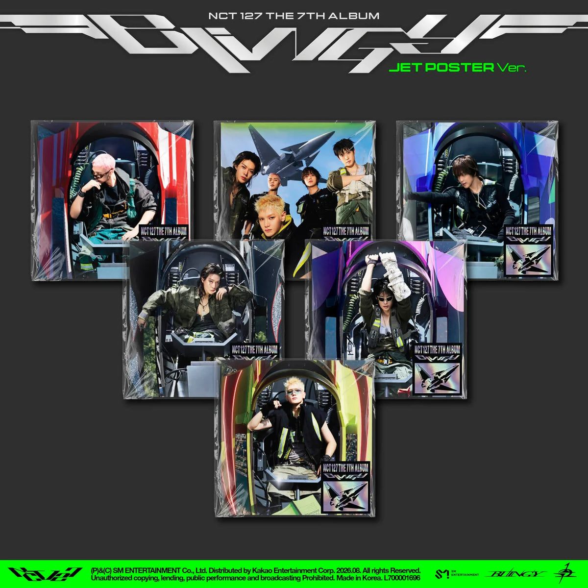 NCT 127 'BLINGY' Jet Poster Ver. album art featuring seven collectible holographic covers arranged on a dark gray background with the album title at the top.