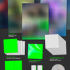 A promotional layout for a music album package showing inclusions on a dark background: several poster variants, a postcard, a sticker sheet, a paper model kit, a CD, and photocard. 