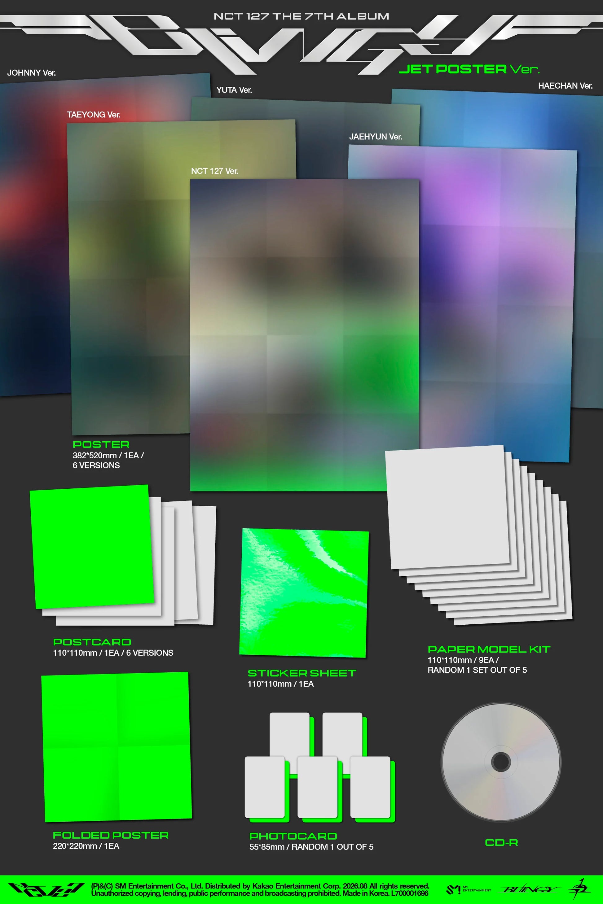 A promotional layout for a music album package showing inclusions on a dark background: several poster variants, a postcard, a sticker sheet, a paper model kit, a CD, and photocard. 